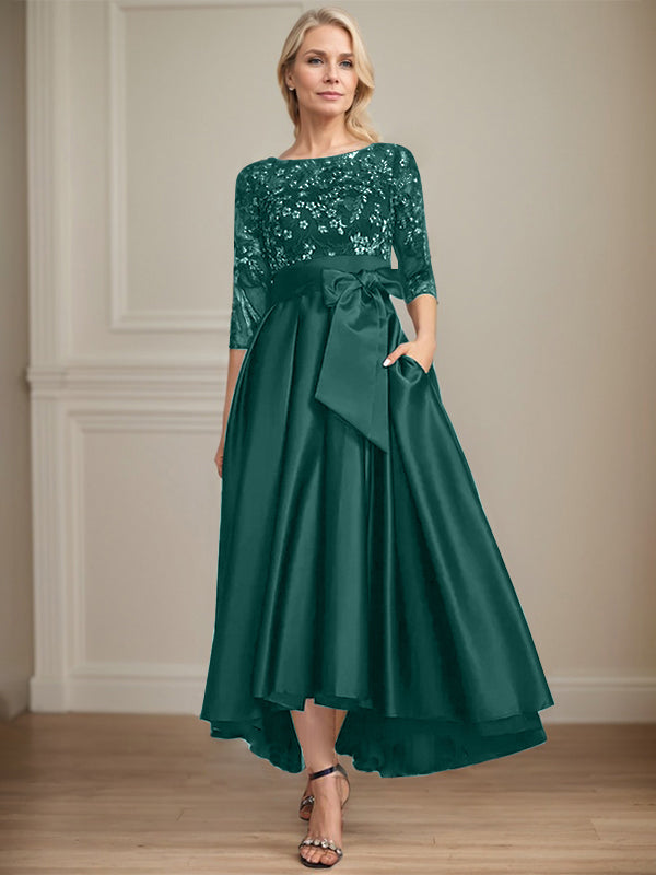 A-Line Scoop Neck Illusion Asymmetrical Satin Lace Mother of the Bride Dress with Bow