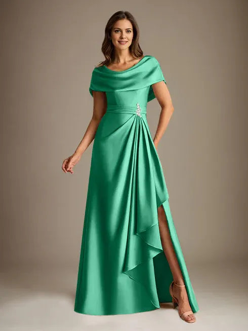 A-Line Scoop Neck Floor-Length Stretch Satin Mother of the Bride Dress with Cascading Ruffles