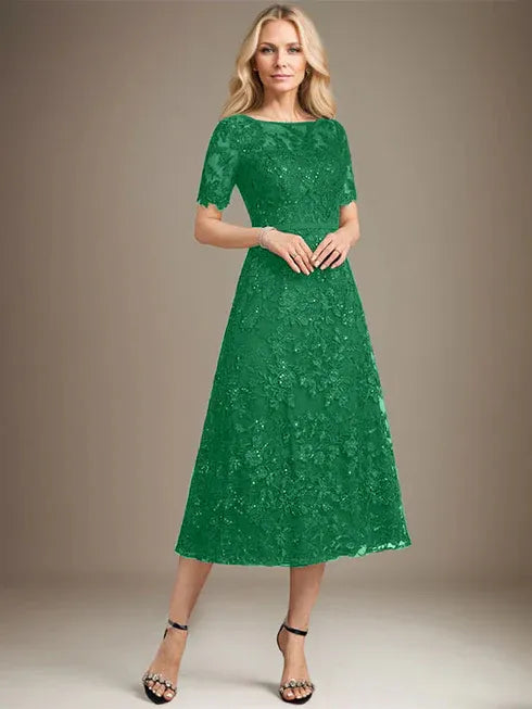 A-Line Scoop Neck Illusion Tea-Length Lace Mother of the Bride Dress with Sequins