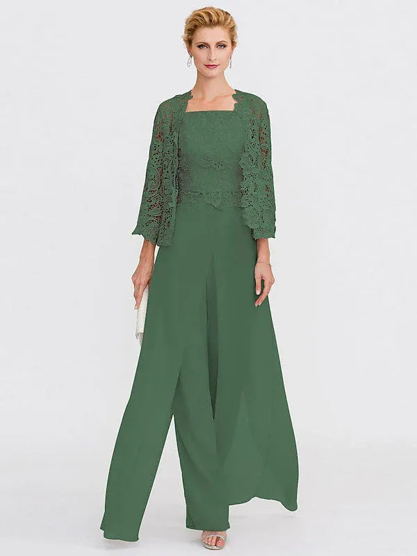 3-Piece Chiffon Square Neck Mother of the Bride Pantsuit Set with Jacket