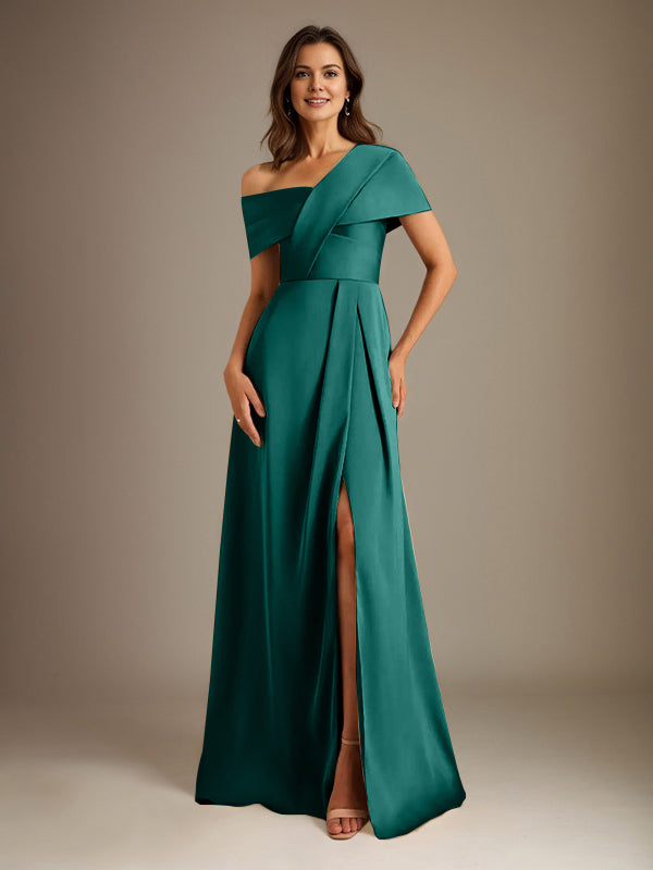 A-Line Satin Mother of the Bride Dress with Asymmetrical Neckline, Floor-Length, and Pleated Design