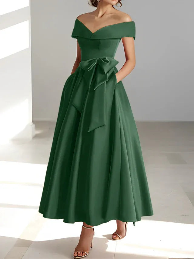 A-Line Off-the-Shoulder Sleeveless Ankle-Length Mother of the Bride Dress with Pockets