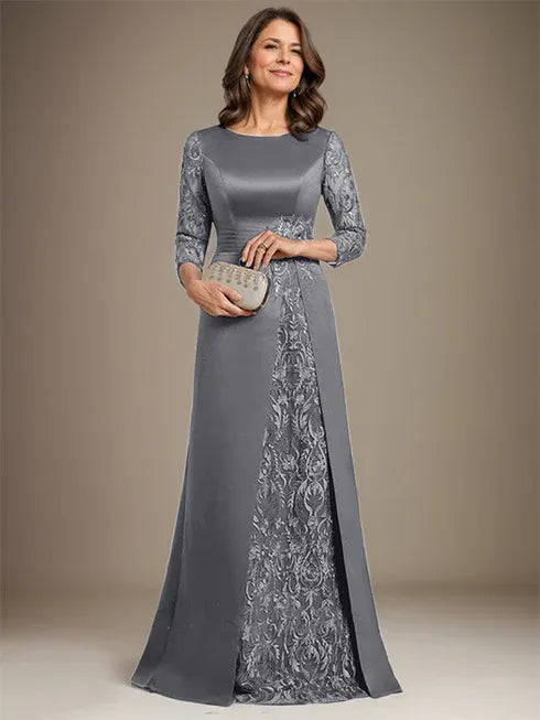 Floor-Length A-Line Lace Satin Mother of the Bride Dress with Scoop Neck and Applique