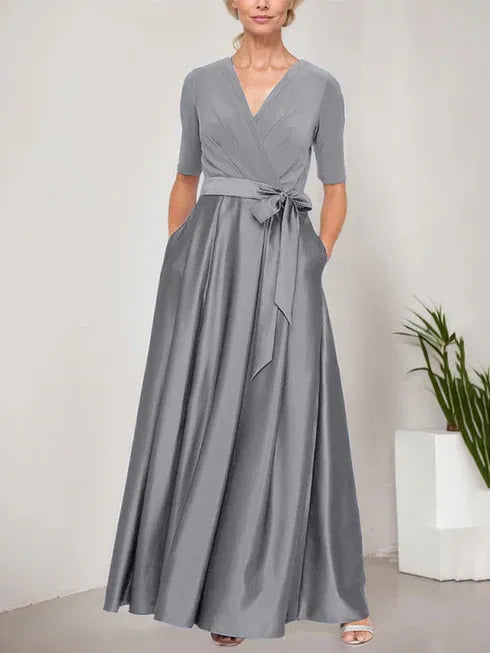 Surplice Neckline Ballgown with Full Satin Skirt and Jersey Bodice