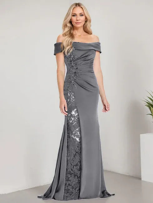 A-Line Off-the-Shoulder Floor-Length Mother of the Bride Dress with Appliqué Beadings and Mermaid Silhouette Featuring a High Split