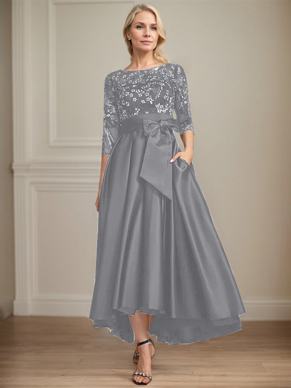 A-Line Scoop Neck Illusion Asymmetrical Satin Lace Mother of the Bride Dress with Bow
