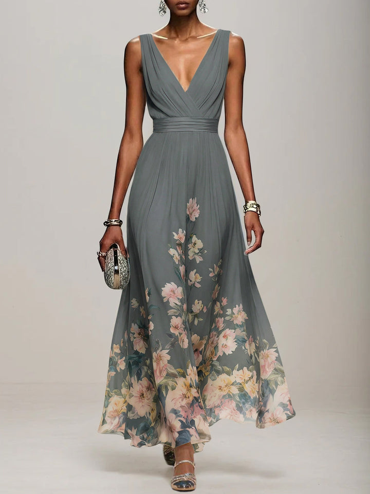 Light Blue Floral Chiffon V-Neck Sleeveless A-Line Maxi Dress