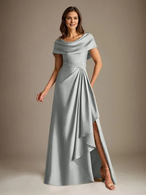 A-Line Scoop Neck Floor-Length Stretch Satin Mother of the Bride Dress with Cascading Ruffles