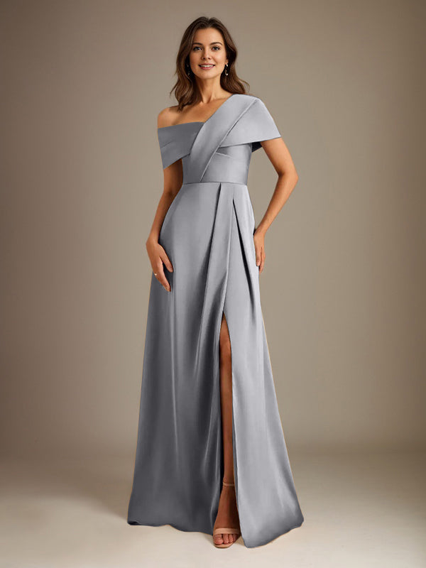 A-Line Satin Mother of the Bride Dress with Asymmetrical Neckline, Floor-Length, and Pleated Design