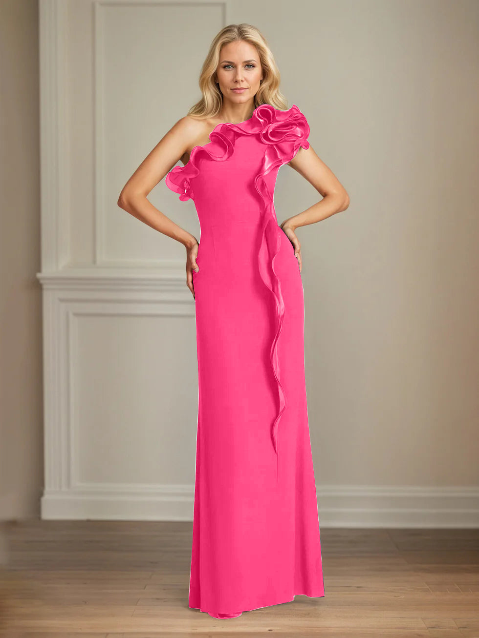 Navy Stretch Crepe One-Shoulder Sheath Dress with Ruffles – Floor-Length Mother of the Bride Gown