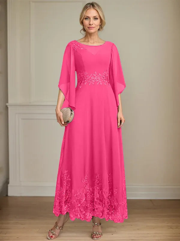 A-Line Scoop Neck Illusion Lace Chiffon Mother of the Bride Dress with Sequins and Ankle-Length Hem
