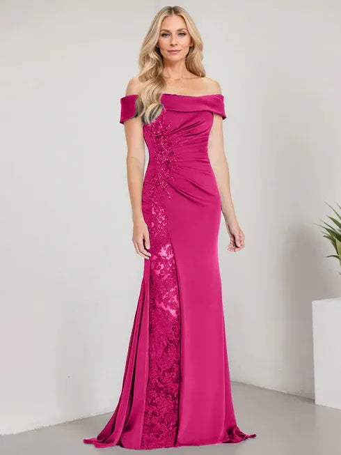 A-Line Off-the-Shoulder Floor-Length Mother of the Bride Dress with Appliqué Beadings and Mermaid Silhouette Featuring a High Split