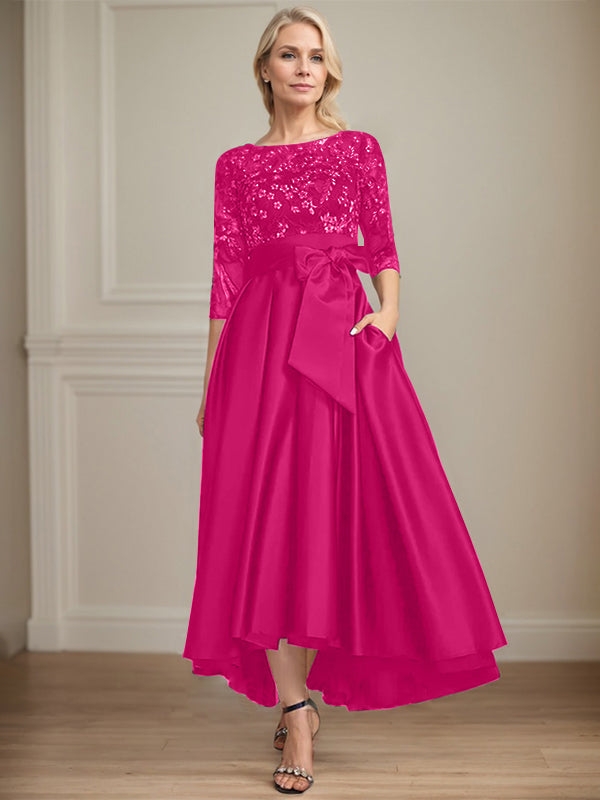 A-Line Scoop Neck Illusion Asymmetrical Satin Lace Mother of the Bride Dress with Bow
