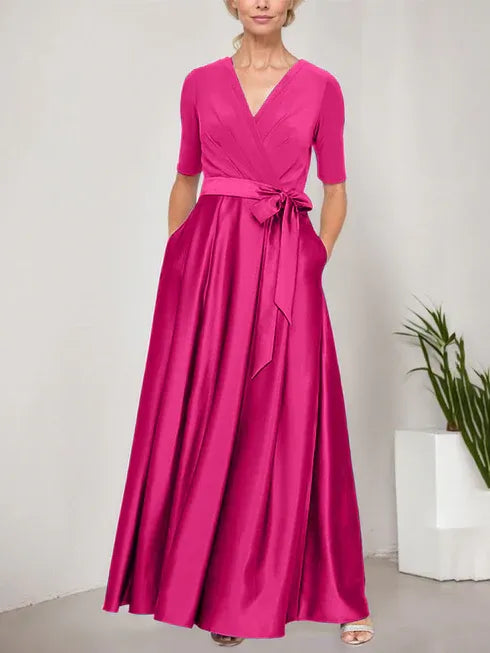 Surplice Neckline Ballgown with Full Satin Skirt and Jersey Bodice