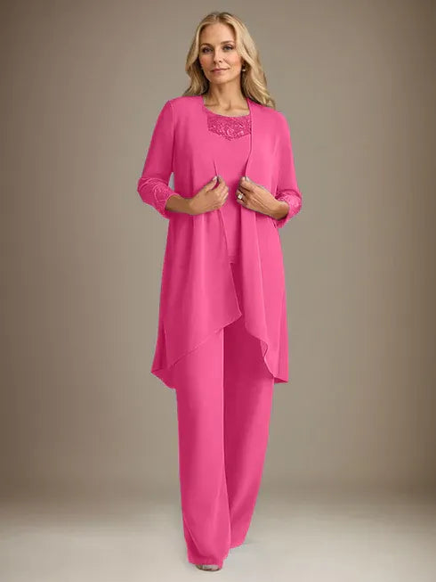 Chiffon Scoop Neck Long Sleeve Mother of the Bride Pantsuit with Jacket