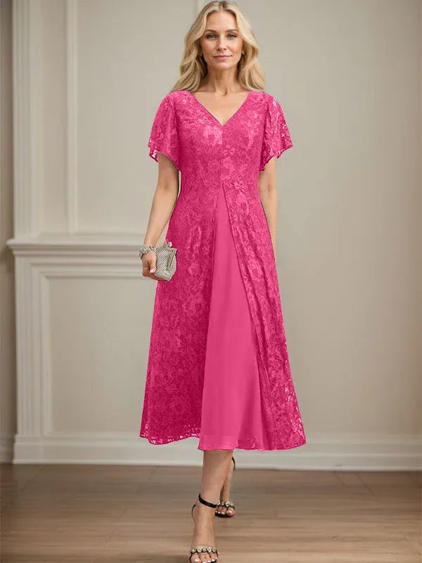 A-Line V-Neck Tea-Length Lace Chiffon Mother of the Bride Dress
