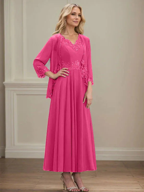 A-Line V-Neck Chiffon Mother of the Bride Dress with Sequins, Appliques, Lace, and Beading at Ankle Length