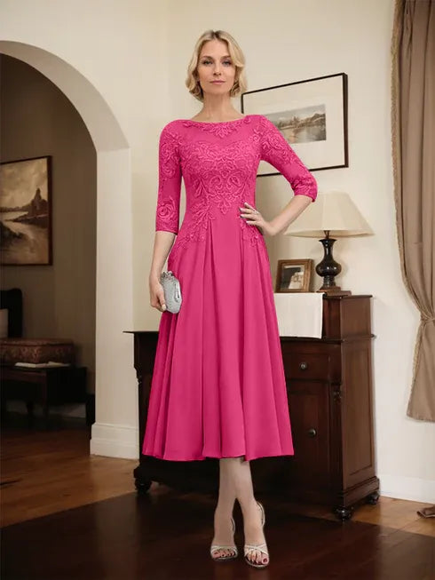A-Line Scoop Neck Illusion Tea-Length Chiffon and Lace Mother of the Bride Dress with Beading and Sequins
