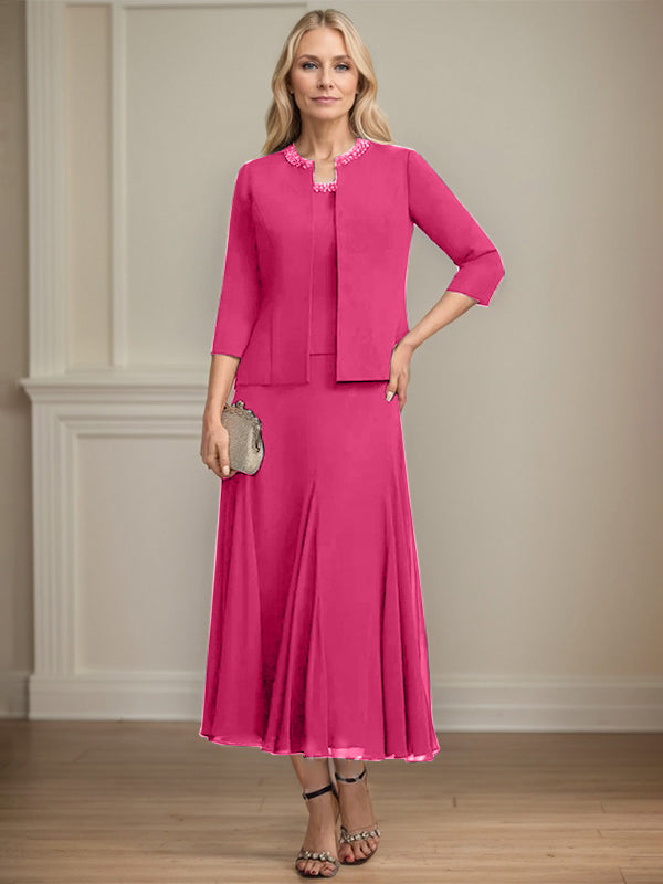 A-line Scoop Tea-Length Chiffon Mother of the Bride Dress with Sequins and Beading Separates