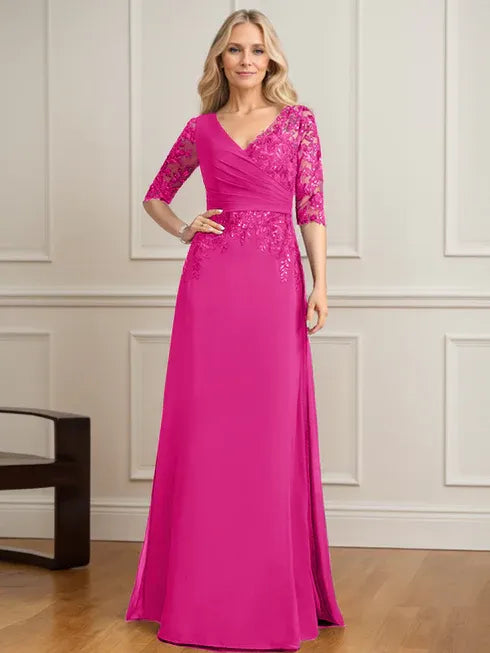 A-Line V-Neck Floor-Length Lace and Chiffon Mother of the Bride Dress with Pleated Sequins
