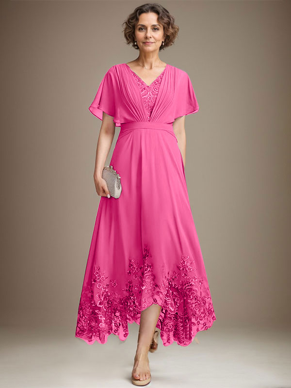 A-Line V-Neck Asymmetrical Lace Chiffon Mother of the Bride Dress with Pleats