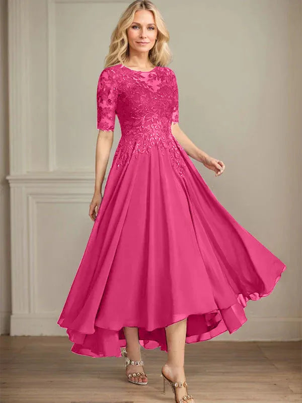 A-Line Scoop Neck Illusion Asymmetrical Chiffon and Lace Mother of the Bride Dress with Sequins