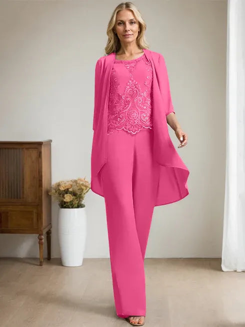 Floor-Length Chiffon Lace Mother of the Bride Jumpsuit/Pantsuit with Scoop Neck, Beading, and Sequins