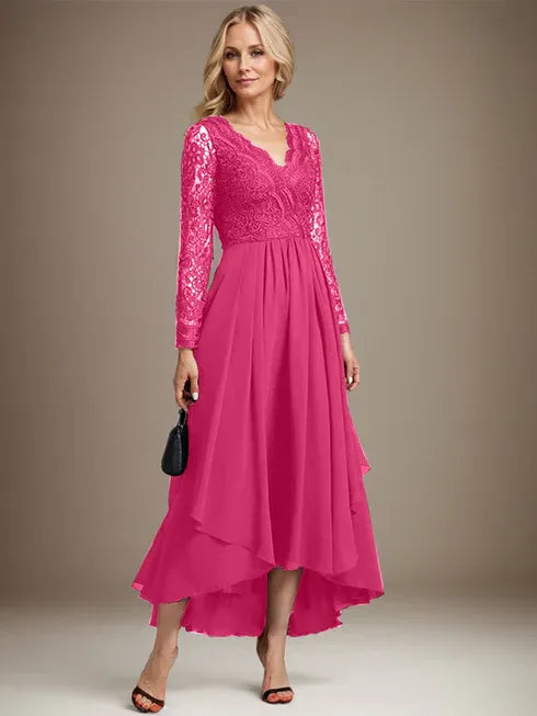 A-Line V-Neck Asymmetrical Lace Chiffon Mother of the Bride Dress