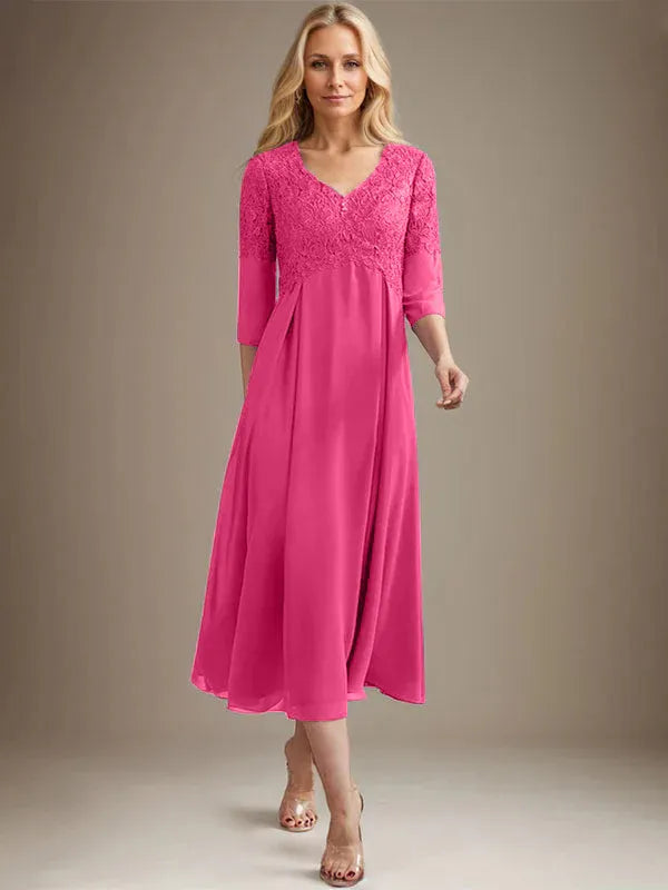A-Line V-Neck Tea-Length Chiffon Lace Mother of the Bride Dress with Beading