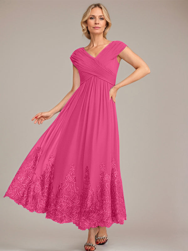 A-Line V-Neck Chiffon Mother of the Bride Dress with Appliqué and Sequins, Ankle-Length