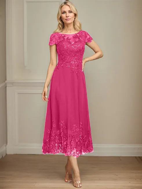 A-Line Illusion Scoop Tea-Length Lace Chiffon Mother of the Bride Dress with Sequins