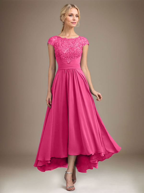 A-Line Scoop Neck Illusion Asymmetrical Lace Chiffon Mother of the Bride Dress with Pleats