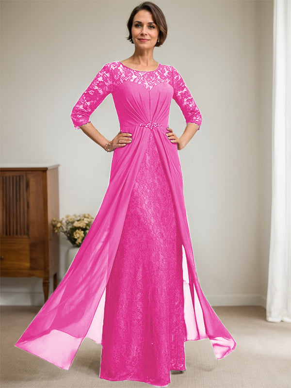 A-Line Scoop Neck Illusion Floor-Length Lace Chiffon Mother of the Bride Dress with Beaded Ruffles