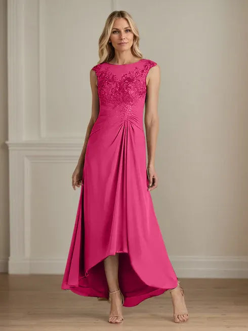 Champagne A-Line Lace and Chiffon Scoop Neck Dress