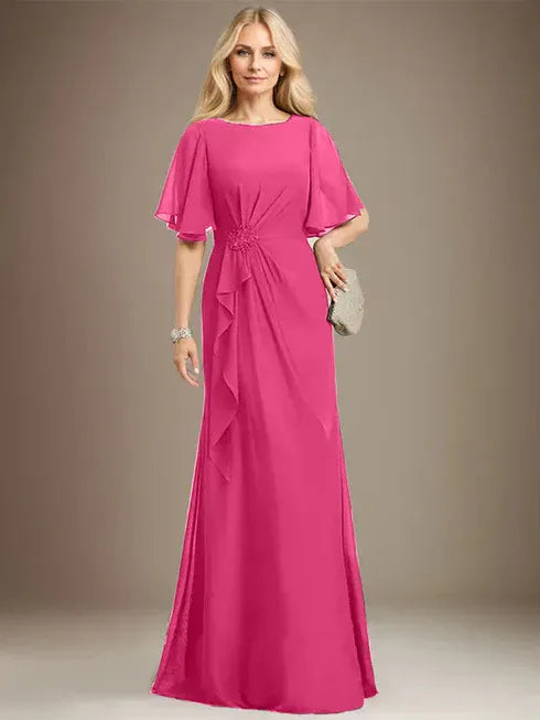 A-Line Scoop Floor-Length Chiffon Mother of the Bride Dress with Cascading Ruffles, Beading, and Sequins