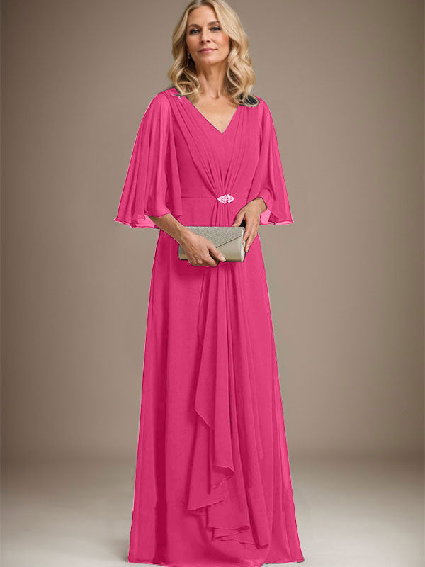 A-Line V-Neck Floor-Length Chiffon Mother of the Bride Dress with Cascading Ruffles and Crystal Brooch