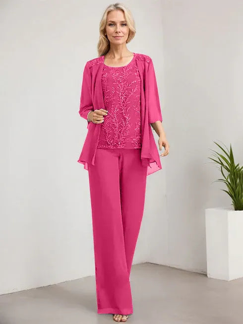 Floor-Length Lace Chiffon Mother of the Bride Jumpsuit/Pantsuit with Scoop Neck and Sequins