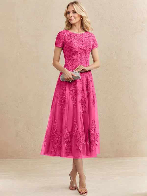 A-Line Scoop Neck Tea-Length Tulle Lace Mother of the Bride Dress