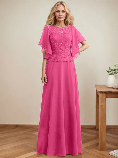 A-Line Scoop Neck Illusion Floor-Length Lace Chiffon Mother of the Bride Dress with Sequins