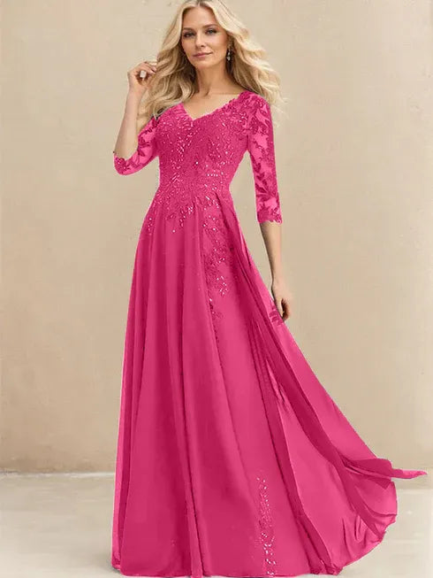 A-Line V-Neck Floor-Length Lace Chiffon Mother of the Bride Dress with Sequins