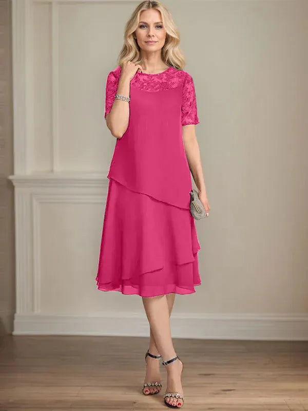 A-Line Scoop Neck Illusion Knee-Length Lace Chiffon Mother of the Bride Dress with Sequins