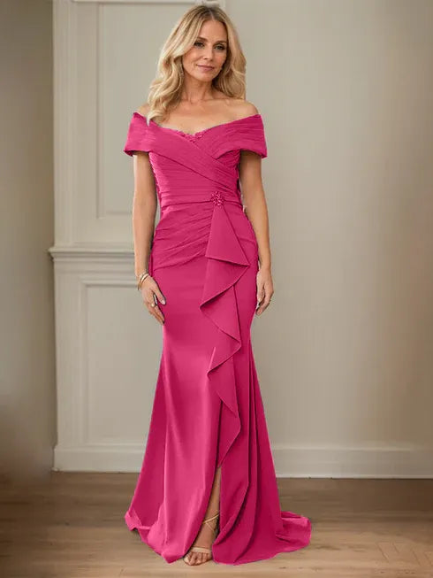 Floor-Length Lace and Chiffon Mother of the Bride Dress with Sheath/Column V-Neck Illusion and Pleated Sequins