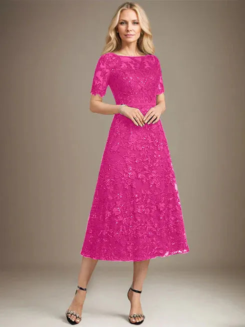 A-Line Scoop Neck Illusion Tea-Length Lace Mother of the Bride Dress with Sequins