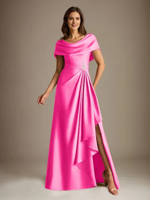 A-Line Scoop Neck Floor-Length Stretch Satin Mother of the Bride Dress with Cascading Ruffles