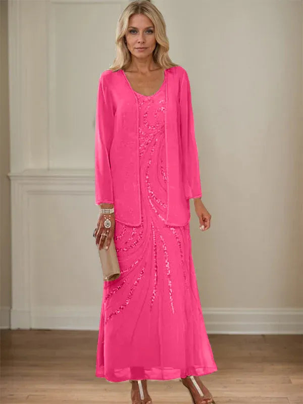 V-Neck Sheath/Mother of the Bride Ankle-Length Dress with Jacket & Sequins