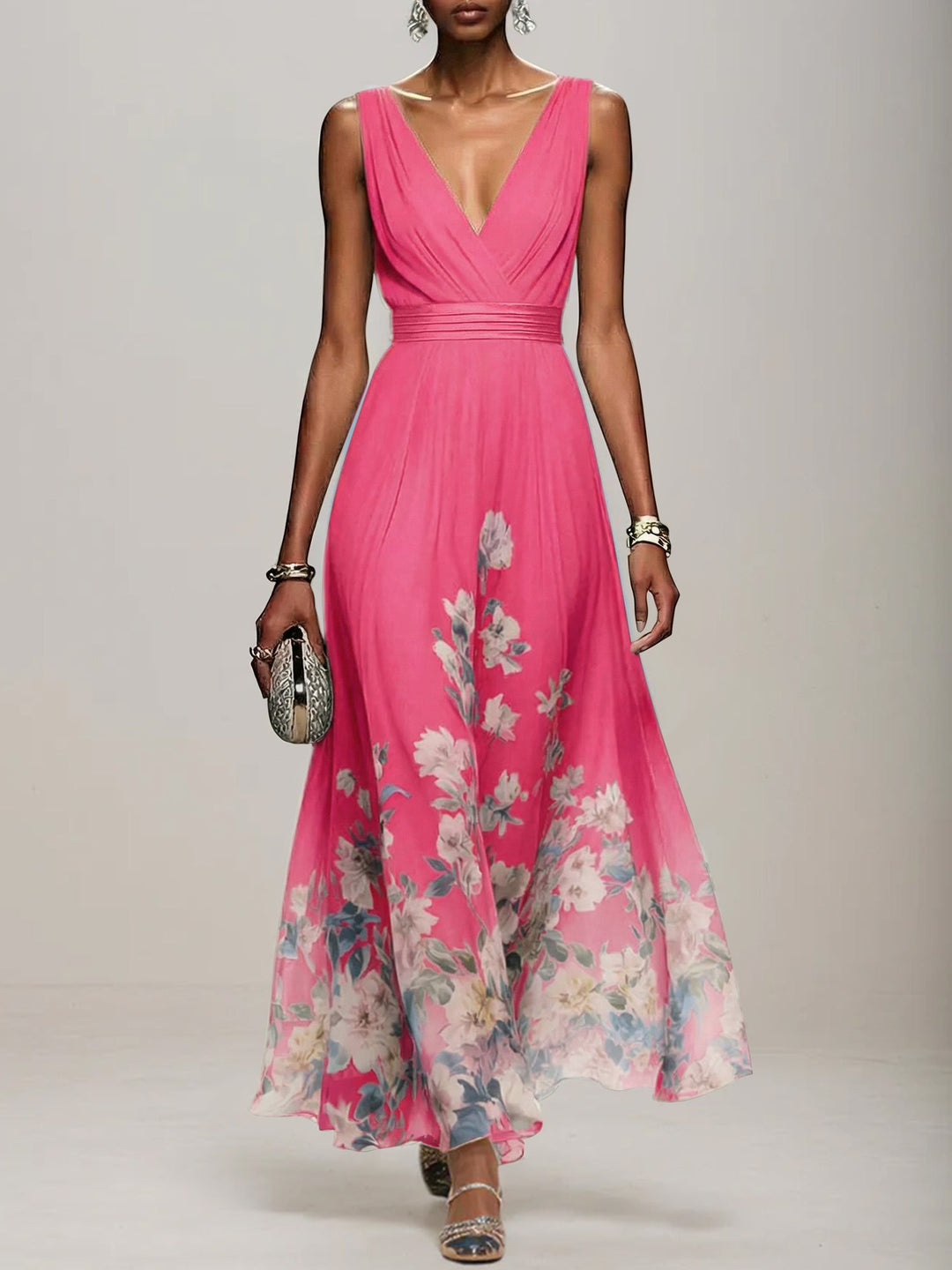 Light Blue Floral Chiffon V-Neck Sleeveless A-Line Maxi Dress