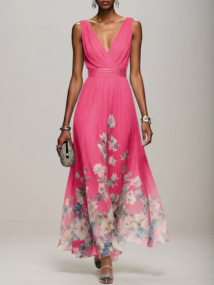Light Blue Floral Chiffon V-Neck Sleeveless A-Line Maxi Dress