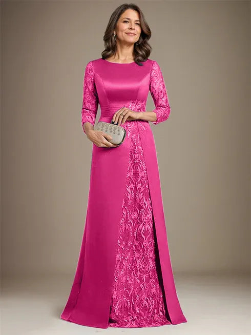 Floor-Length A-Line Lace Satin Mother of the Bride Dress with Scoop Neck and Applique