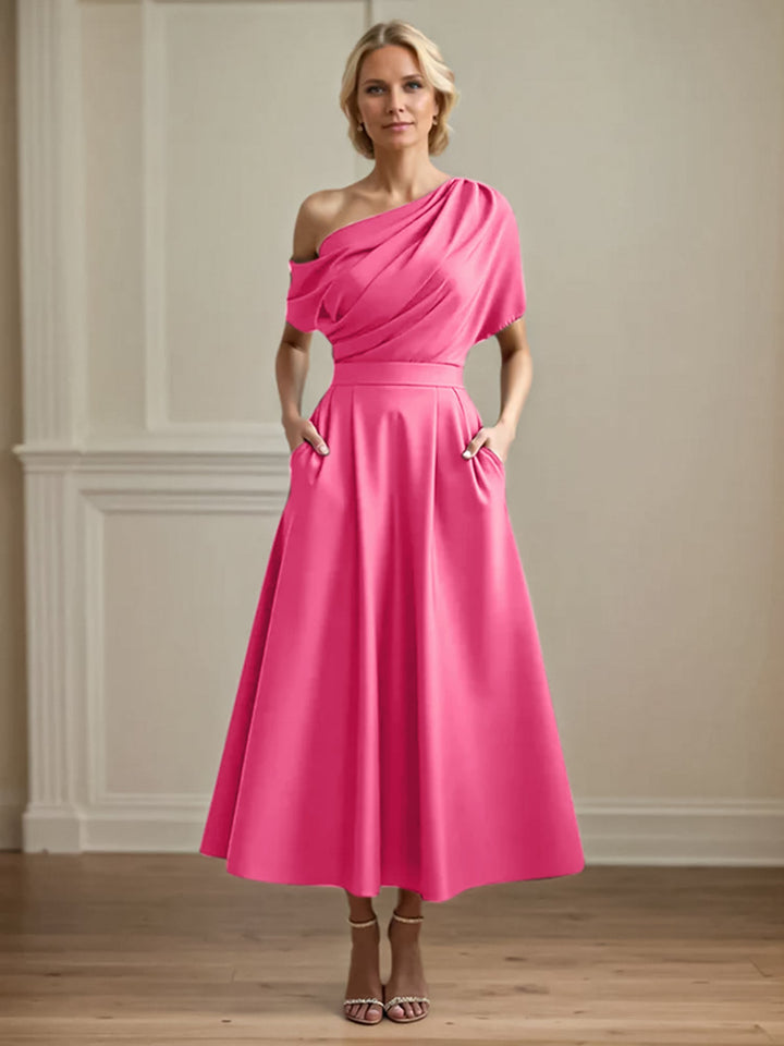 One-Shoulder Satin A-Line Pleated Ankle-Length Mother of the Bride Dress