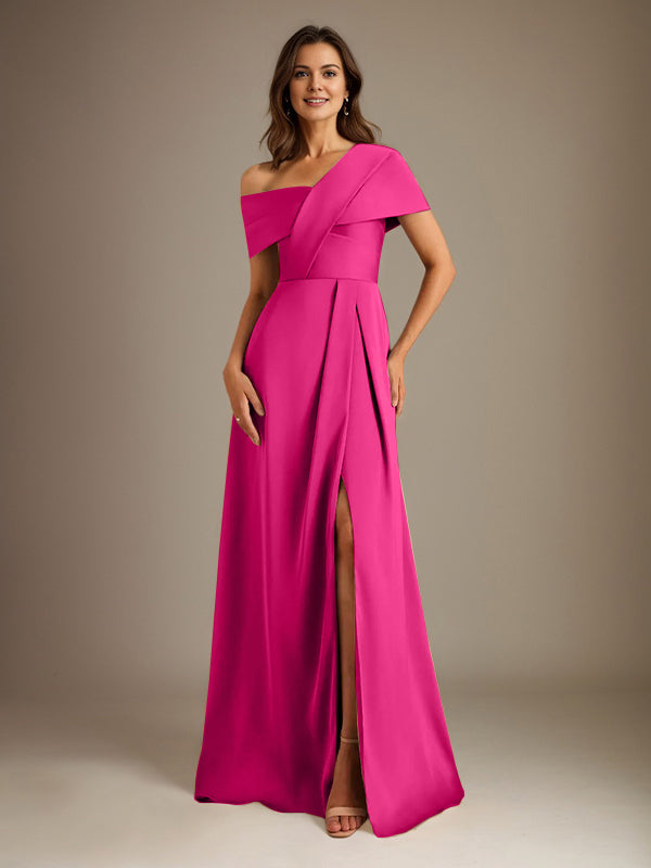 A-Line Satin Mother of the Bride Dress with Asymmetrical Neckline, Floor-Length, and Pleated Design